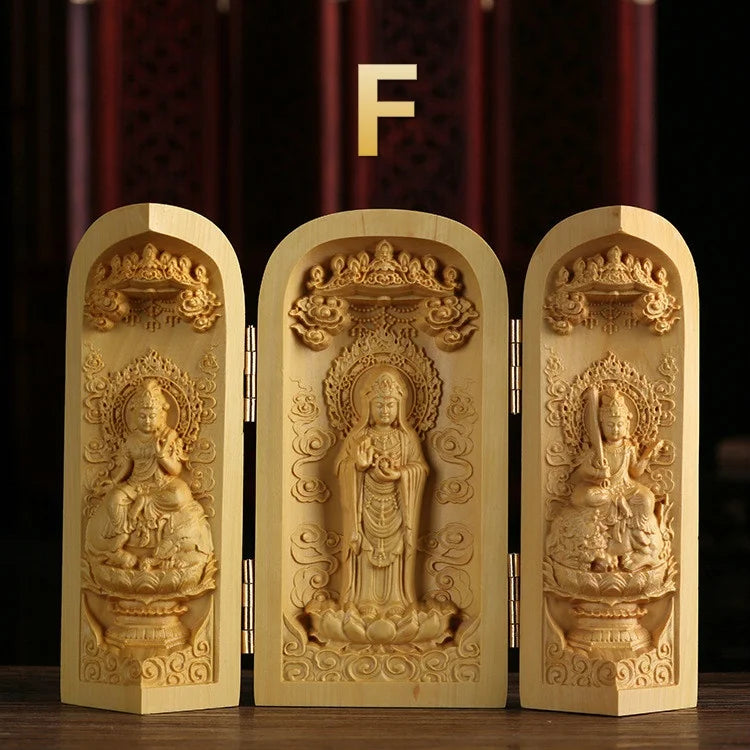 1pc exquisite boxwood carving guanyin buddha statue western sansheng wood crafts home decoration - f - religious