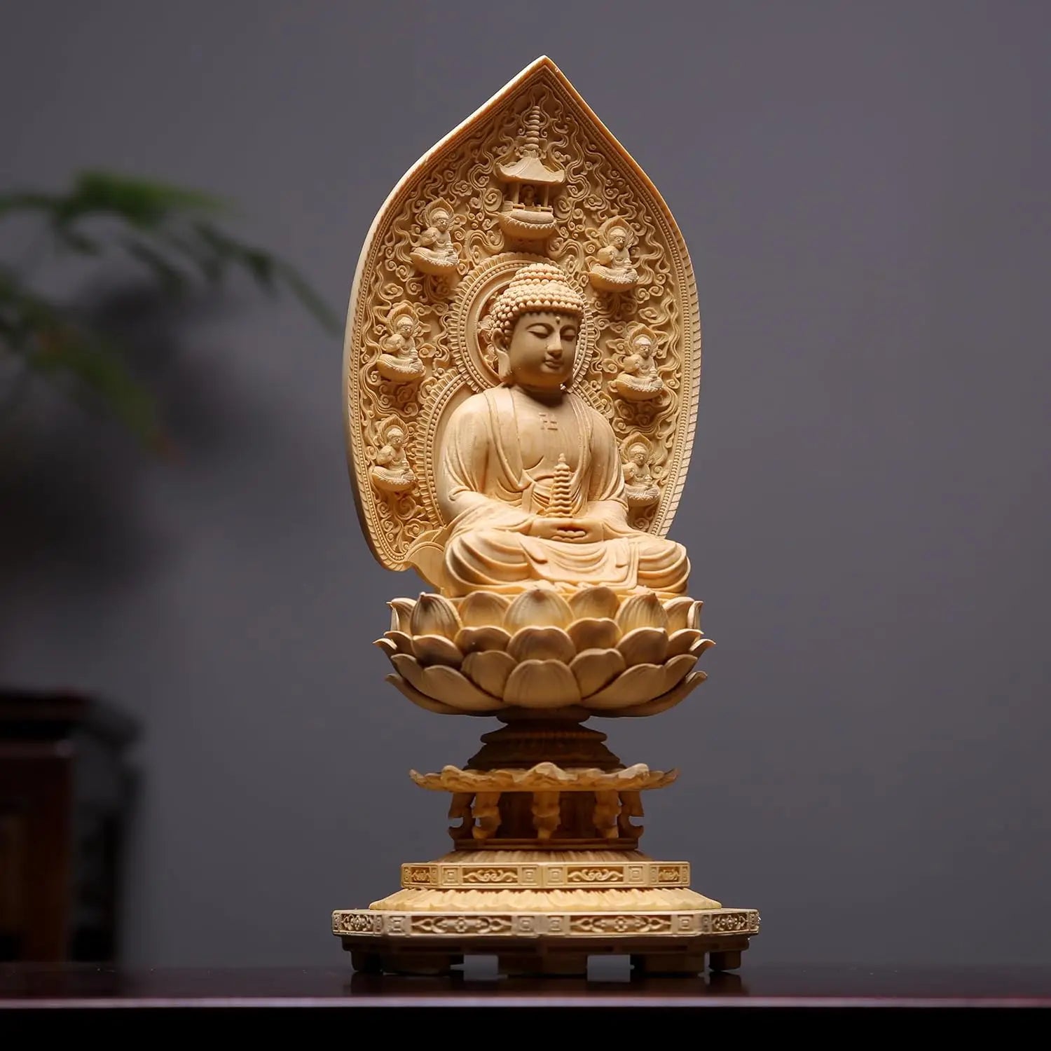 Finely carved hinoki cypress wood eastern saints buddha statues medicine with sunlight and moonlight bodhisattvas