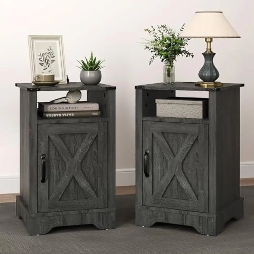 Nightstand set of 2 end table w/charging station tall farmhouse bedside tables with large storage and shelf wooden side