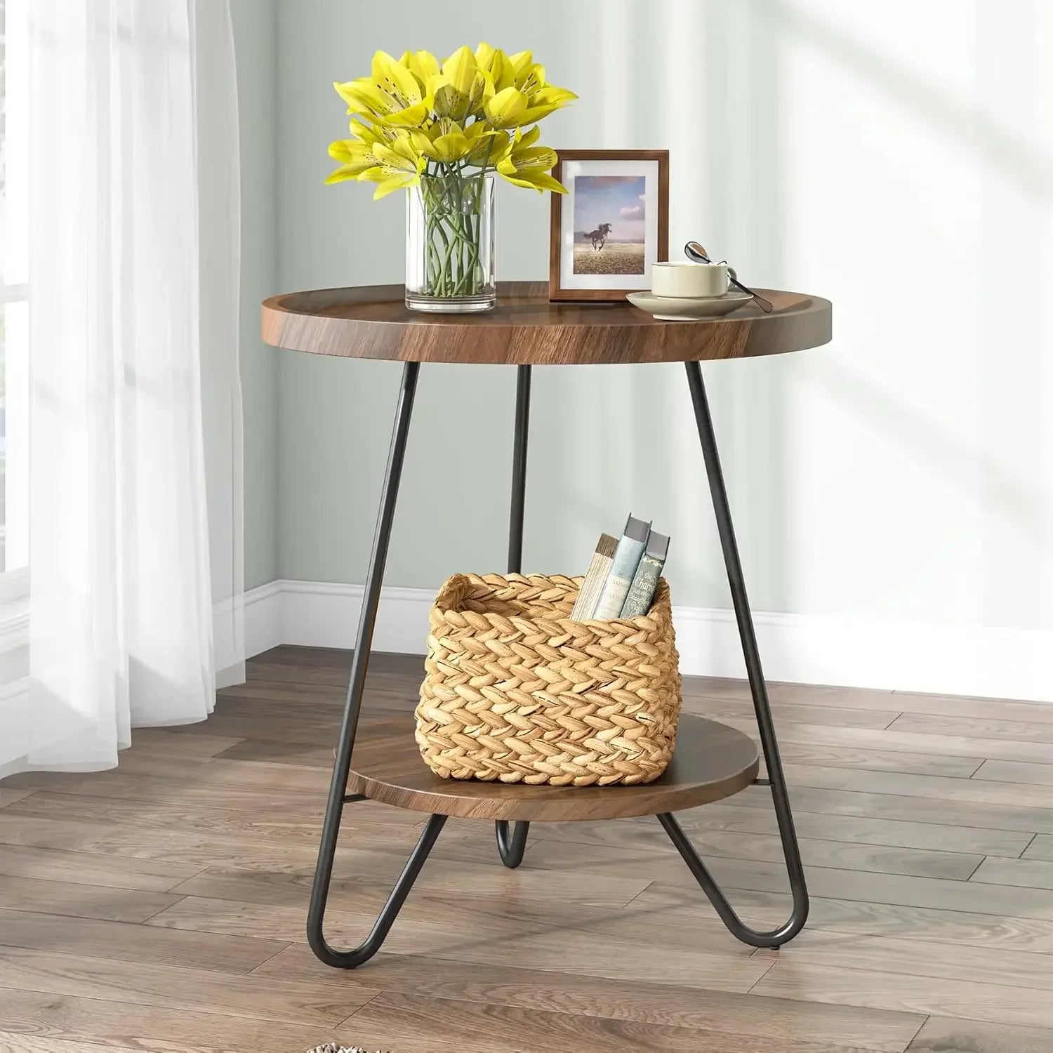 Round side table 2-tier end with metal legs modern industrial beside small accent snack for living - united states