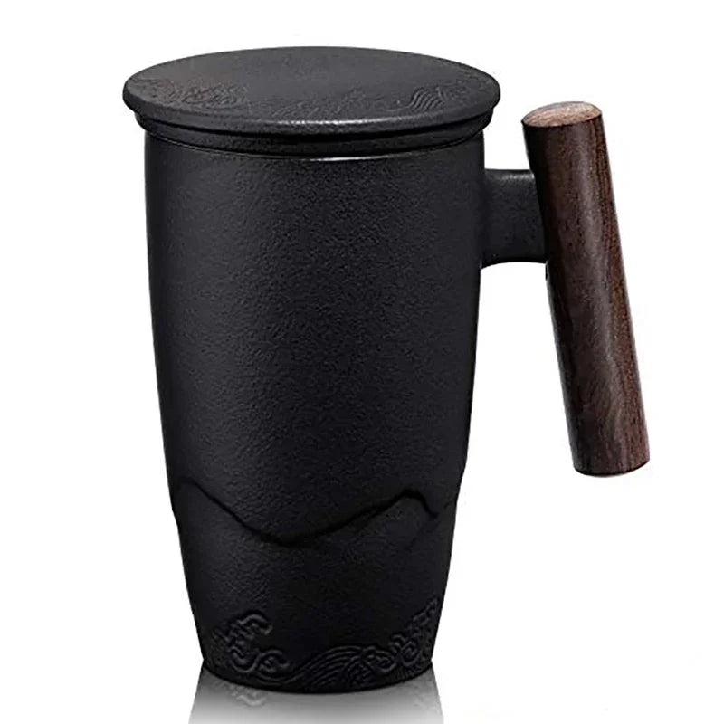 Ceramic tea cup vintage luxury thermal mug with infuser lid coffee mugs beer drinkware wooden handle 400ml personalized
