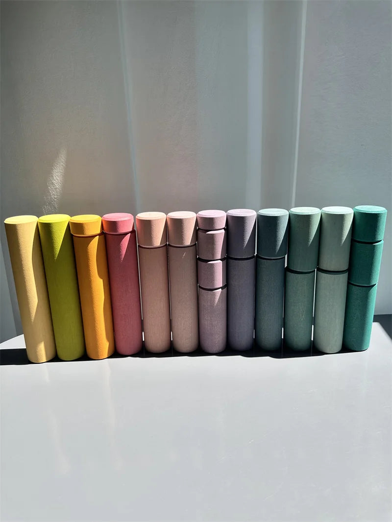 Kids large wood building rollers pastel blocks stain lime stacking cylinders forest trees rings educational creative