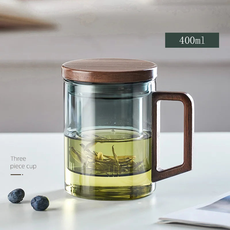 Gianxi glass tea cup with wood handle chinese heat resistant puer filter cups high quality and convenient kung fu set