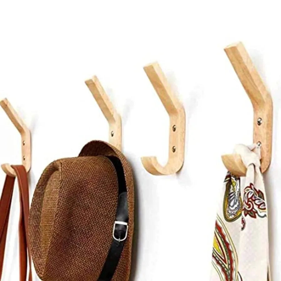 Heavy duty wall mounted wooden coat hooks in natural oak wood for organizing coats keys caps and cups decorative