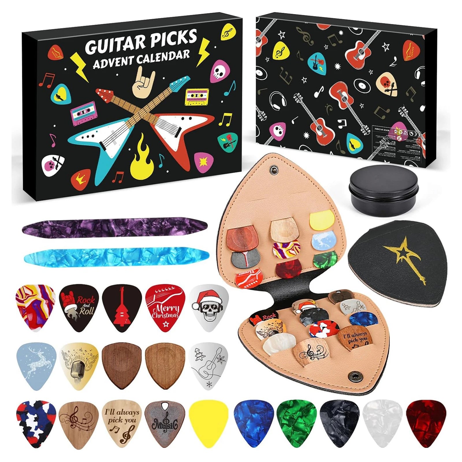 guitar-picks-advent-calendar-2025-24days-christmas-countdown-calendar-with-celluloid-wood-picks-musical-fun-countdown-gift-box