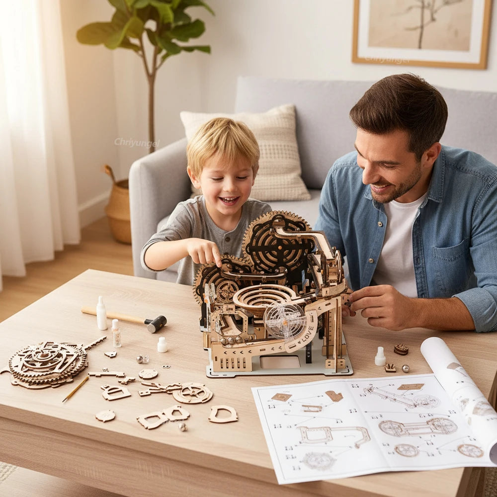 3d wooden puzzle building model kit electric motorized marble run stem educational construction toys for kids adults