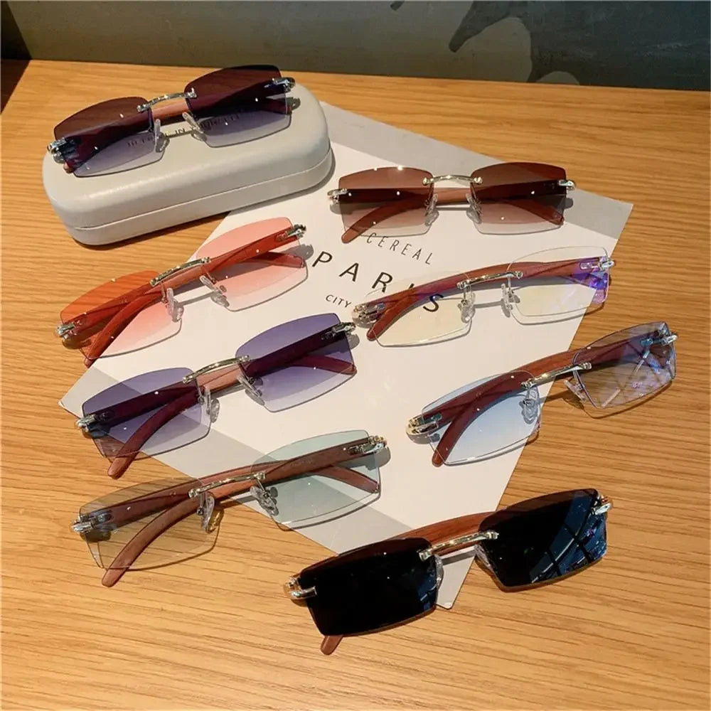 Rimless sunglasses men women wooden pattern luxury brand retro square sun glasses fashion shades uv400 travel outdoor