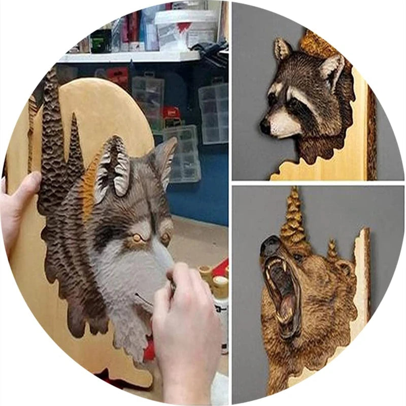 Animal carving handcraft wall hanging sculpture wooden raccoon bear deer fox wolf hand drawn decoration home living
