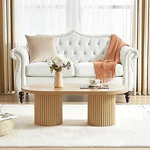 Fluted oval coffee table for living room boho modern with legs curved round wood center home s - united states / natural