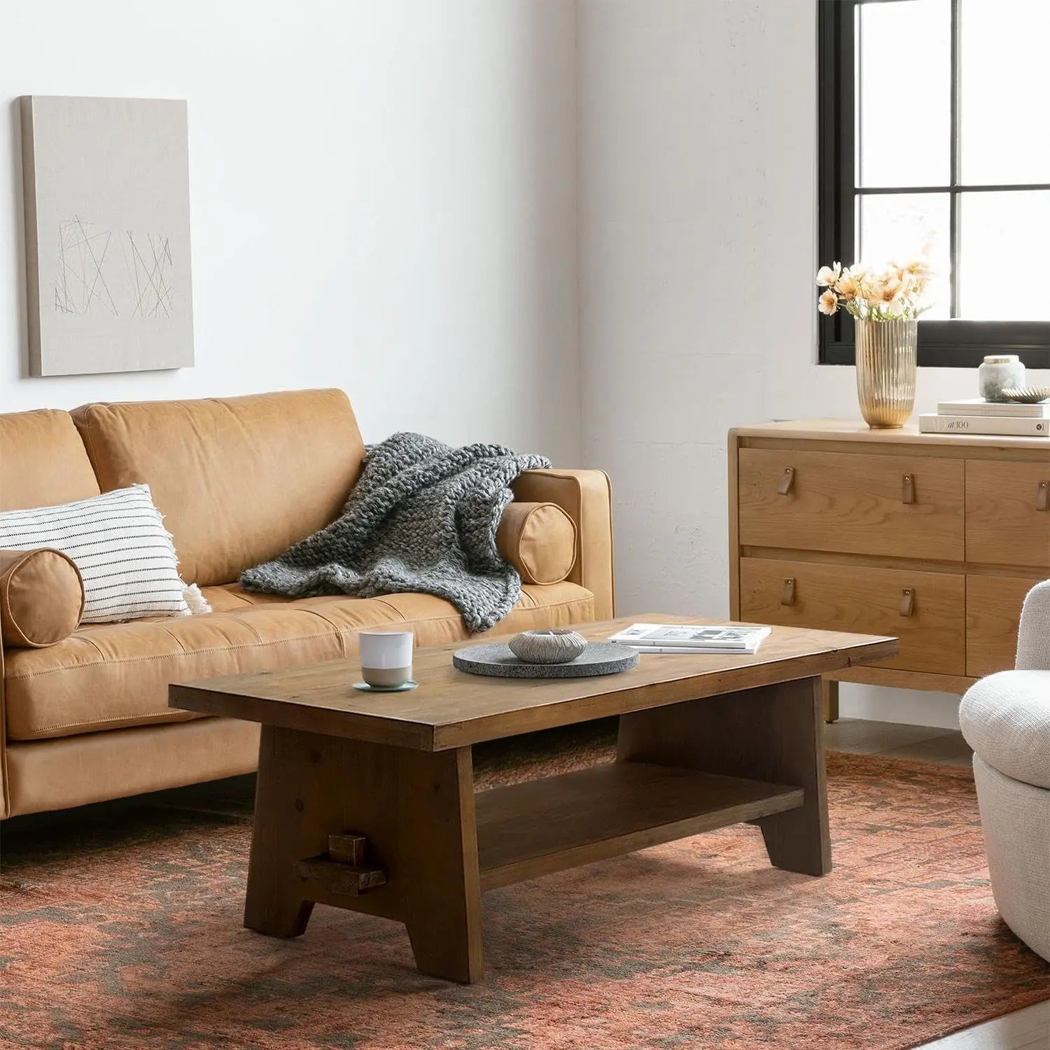 Farmhouse wood coffee table - 43.4” mid century modern wooden tables solid firwood tabletop rectangle