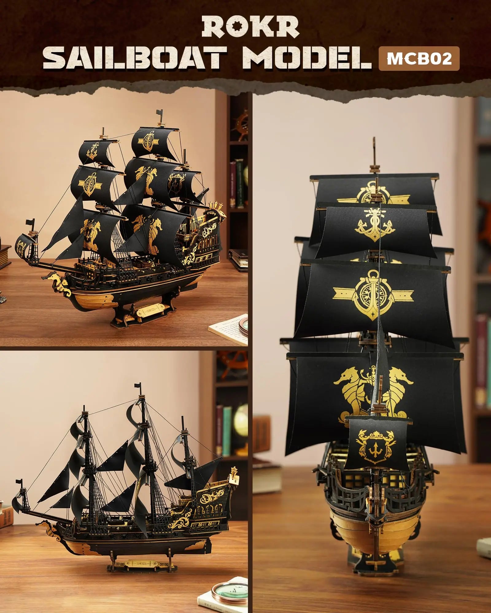 Robotime rokr the seahorse barque pre-colored baroque-era warship for adult gifts family building block kit 3d wooden