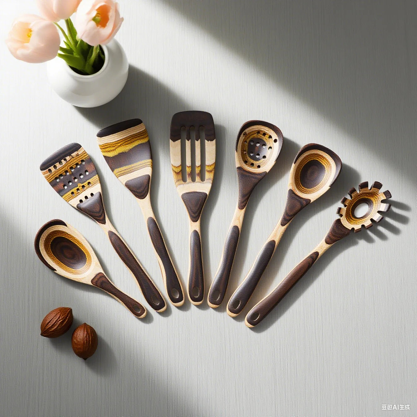 Ik kitchen utensils 7pcs pakkawood cooking set wooden spoons for wood spatula with non-slip handle