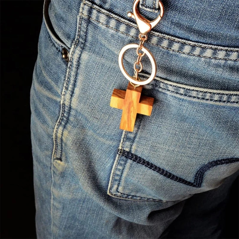 Wood cross pendants keychains keyring hanging ornaments olive keychain gift for men women - religious (christian)