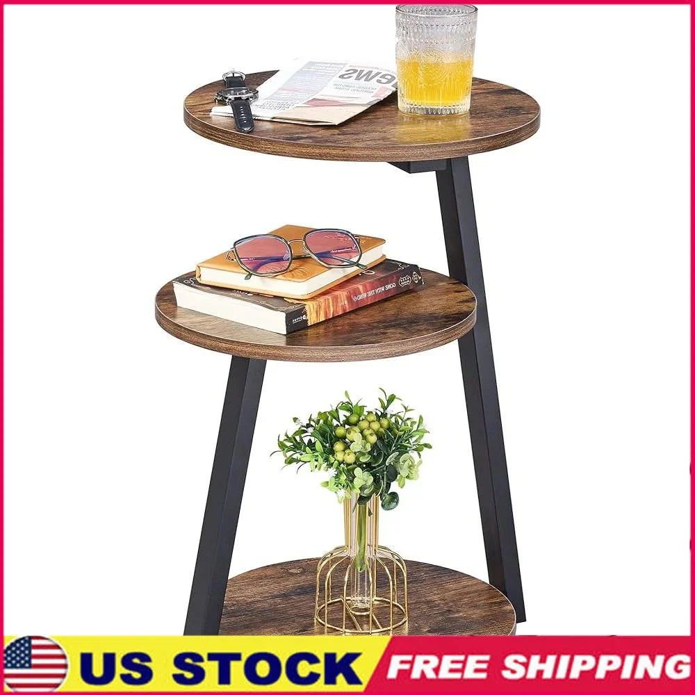 Round end table with 3 tier shelves metal frame small accent side nightstand living room coffee plant stand - united
