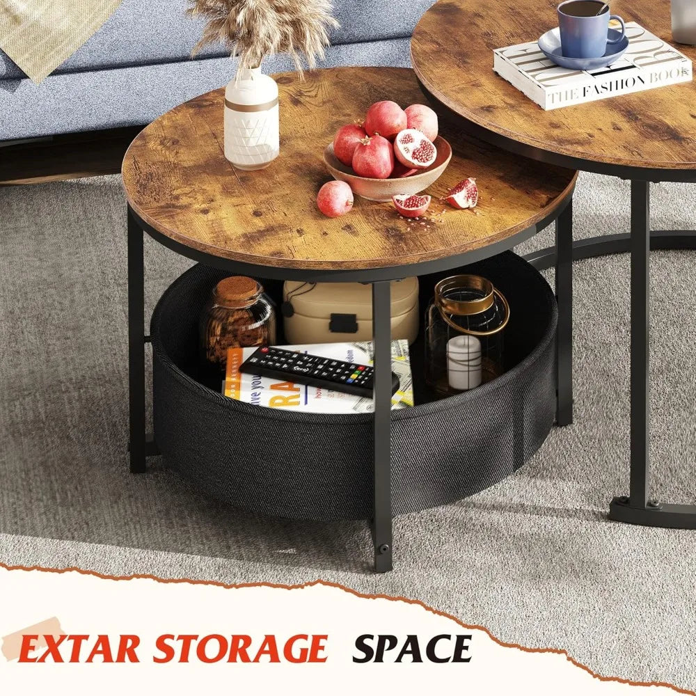 Round coffee table set of 2 31.5’’ nesting with storage industrial minimalist center metal frame - 31.5 rustic brown