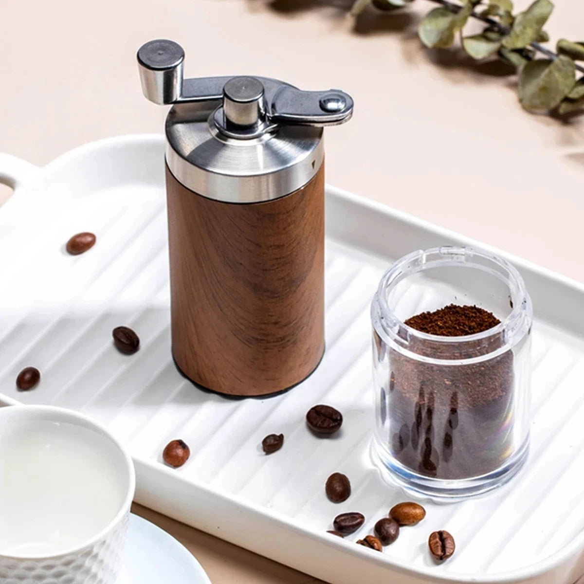 Manual coffee bean grinder portable wood grainstainless steel crank hand coffeegrinder kitchen tool - 1pcs