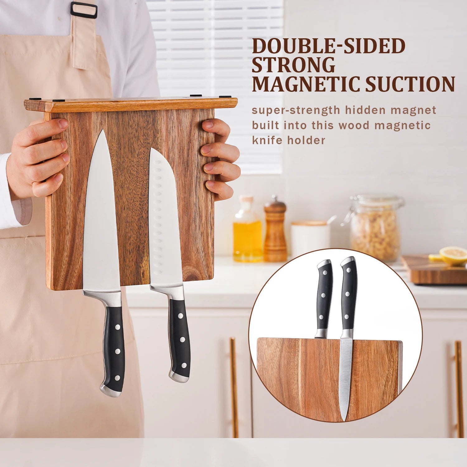 New acacia wood home kitchen magnetic knife block holder rack stands with strong enhanced magnets