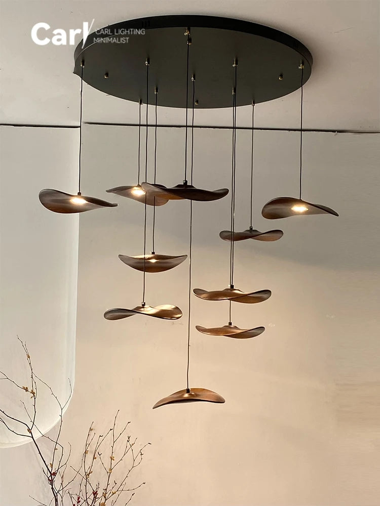 Solid wood walnut color leaf multi-head combination chandelier living room main lamp restaurant wabi-sabi retro style