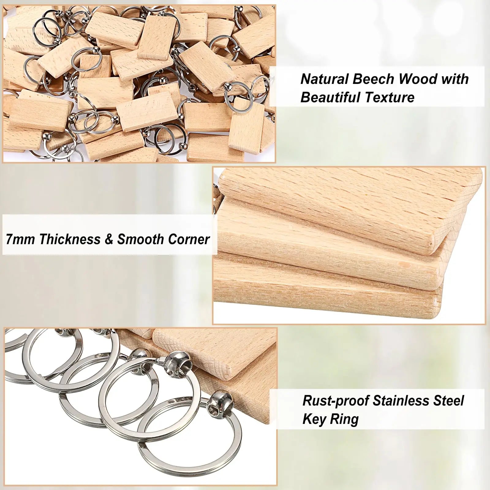 100pcs rectangular blank wooden keychain wood key chains ring suitable for gift - x - chain