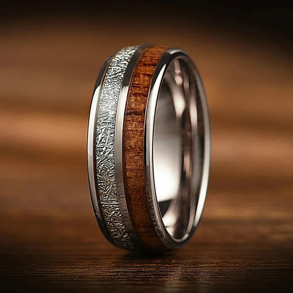8mm men’s koa wood inlay stainless steel ring unique silver meteorite rings for gift luxury party wedding band jewelry