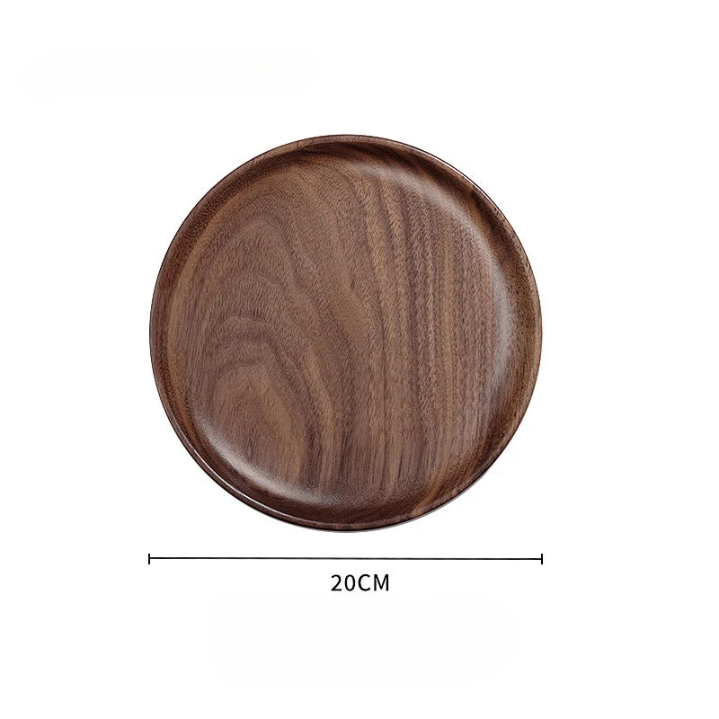 Japanese round wooden tray black walnut plate bread home afternoon tea snacks dessert dinner - 20x20x2cm