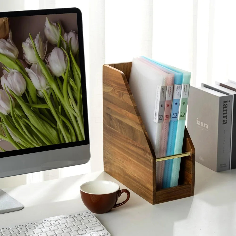 Solid acacia wood vertical magazine file holder with brass accents for office desk - united states