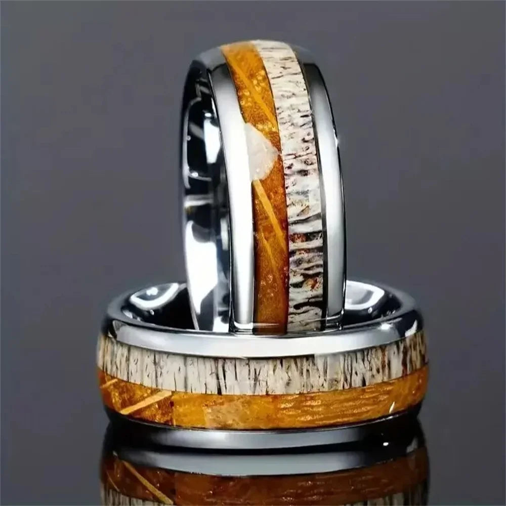 Fashion 8mm men stainless steel rings silver color brushed deer antler and koa wood for wedding band jewelry wholesale