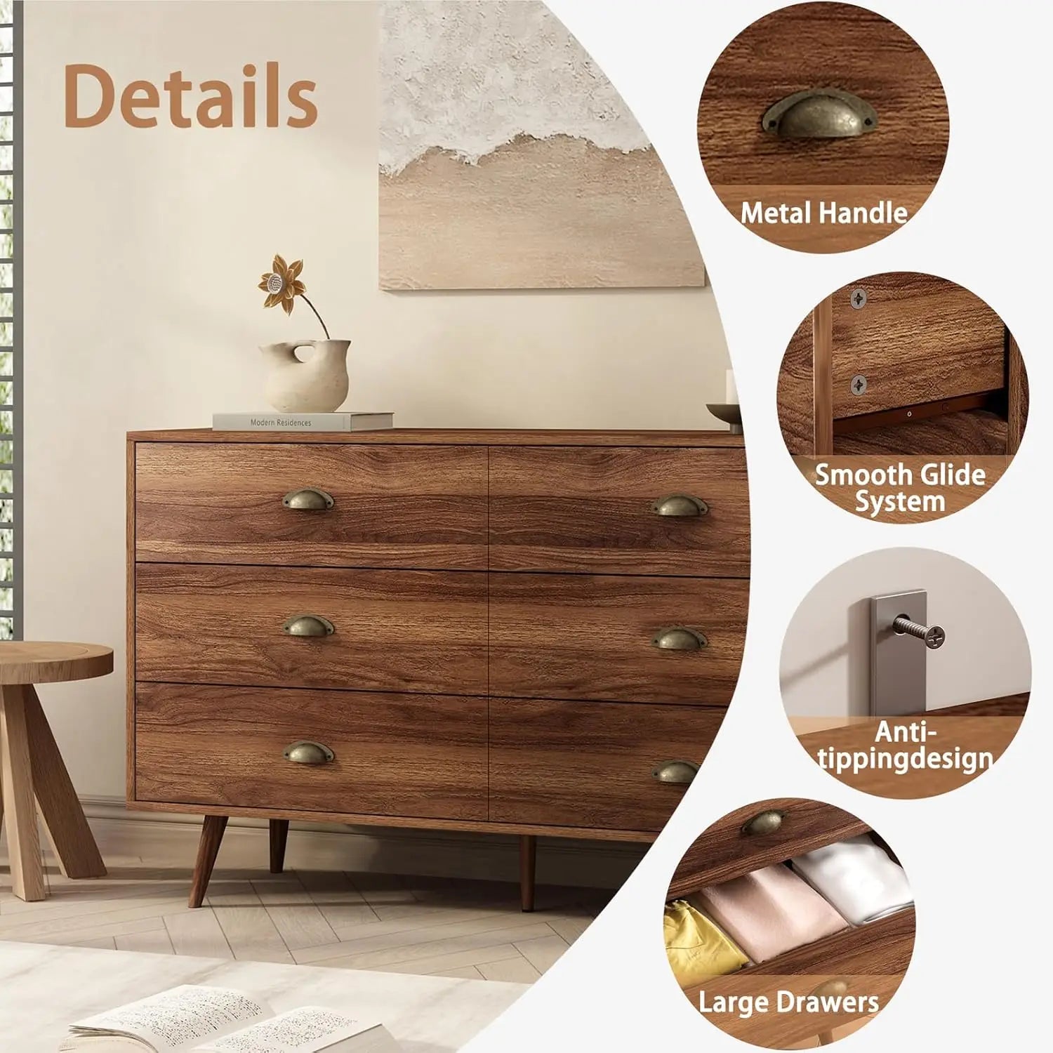 Walnut brown dresser for bedroom 6 drawer with wide drawers and metal knob wood dressers & chest of hallway entryway.