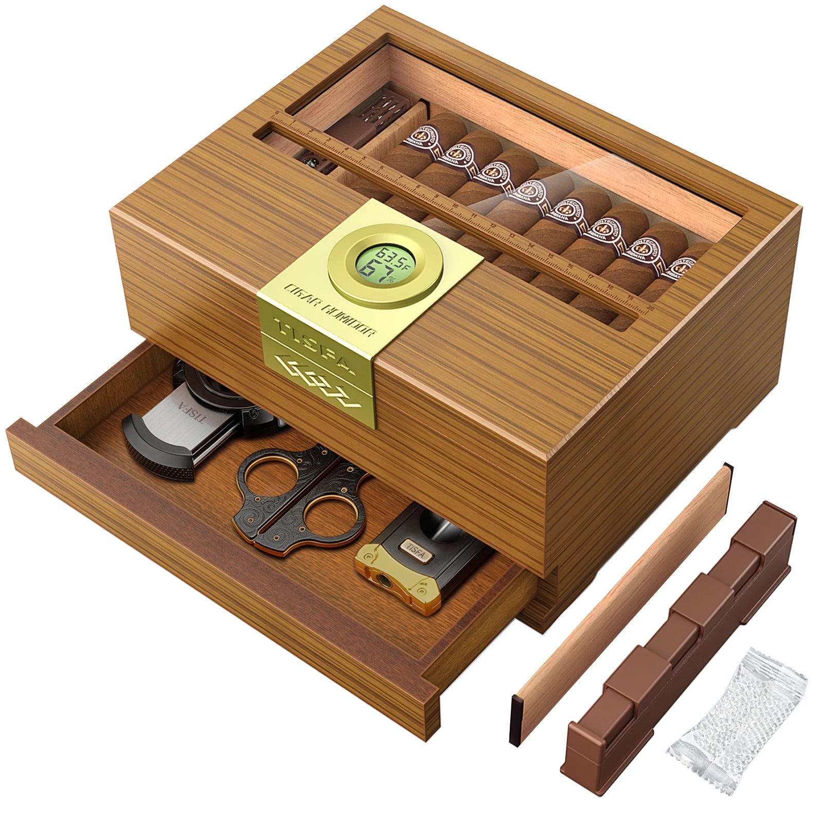 Cigar box humidor with hygrometer and humidifier cedar wooden case drawer divider length gauge desktop gift - brown