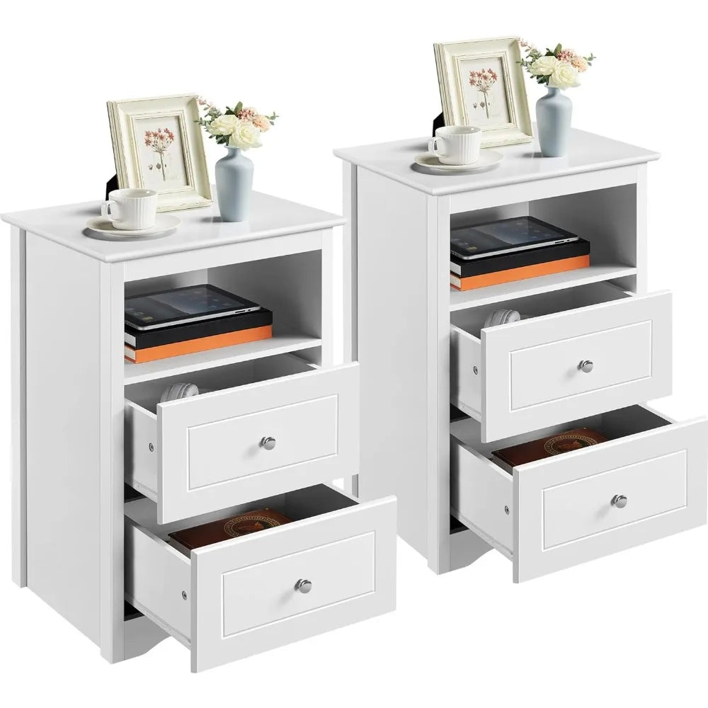 Bedside table set of 2 tall nightstand with drawer and cubby wooden for bedroom small space