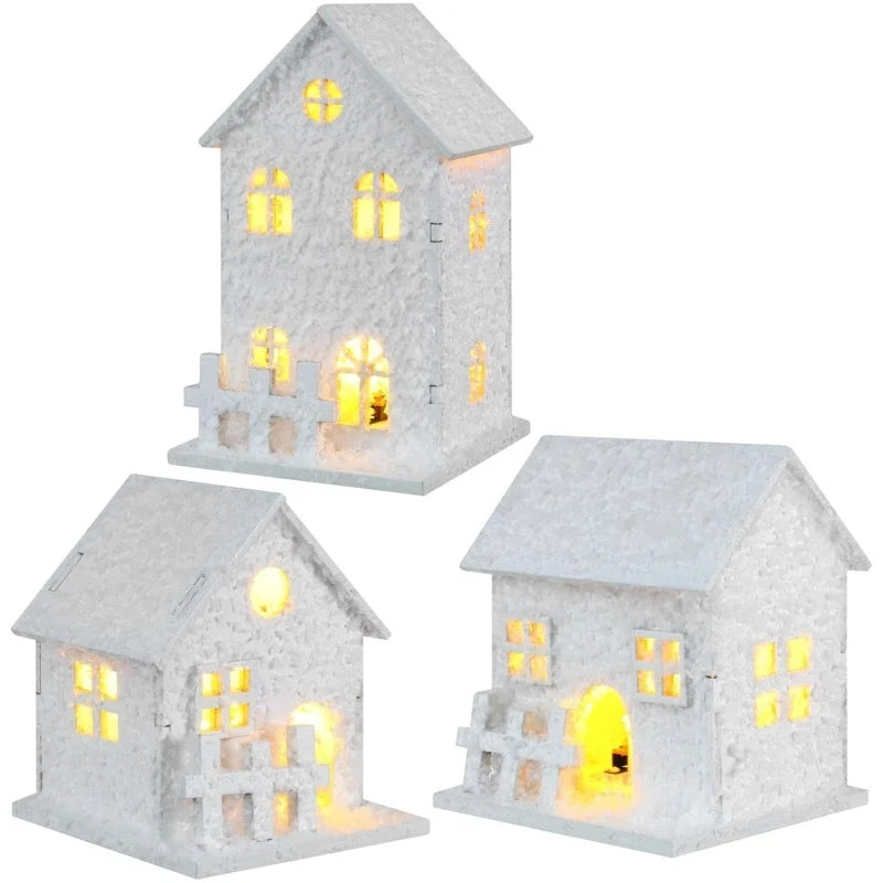 Led lighted christmas village houses xmas snow wooden winter building figurines holiday party decor - 3pcs-abc