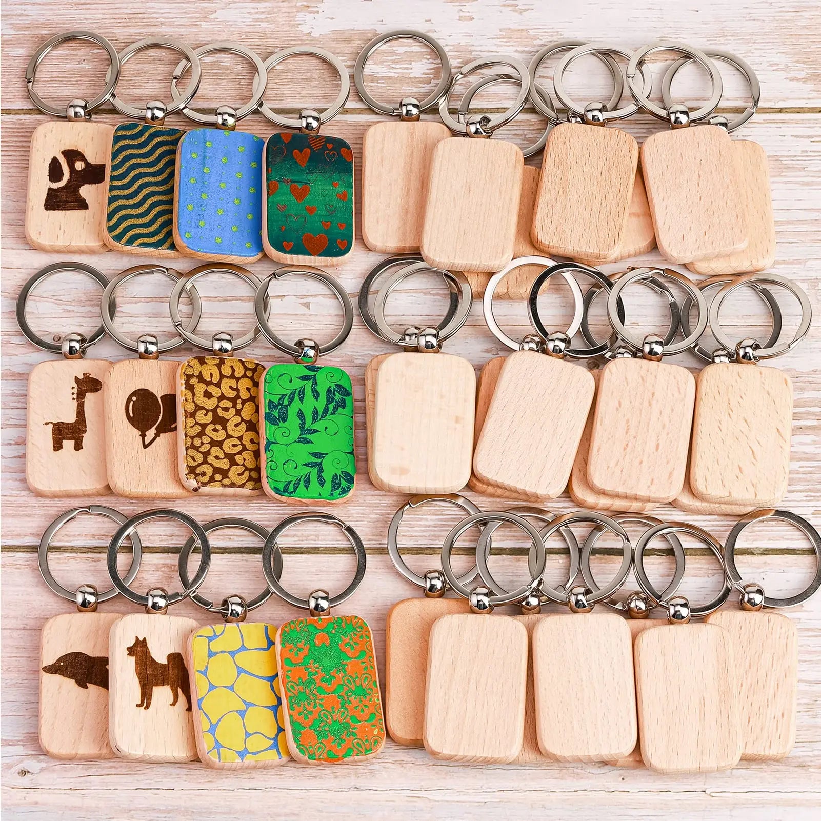 150pcs blank wooden carving key label with loop keychain keytag for diy gift - rectangular / 150 pieces - chain