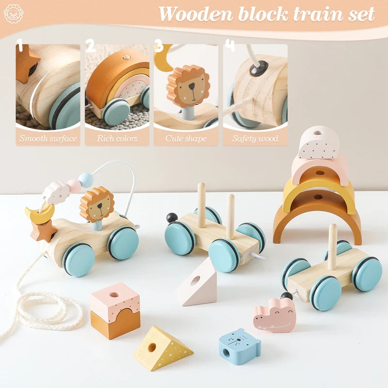Wooden montessori toys animal block dragging stars moon surround train hand coordination stacking toy handmade