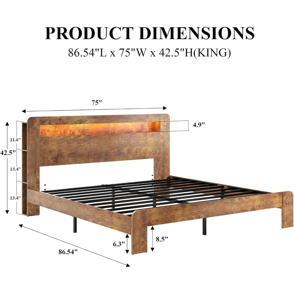 King size farmhouse style platform bed frame with storage headboard bookcase shelf and led lights - rustic brown