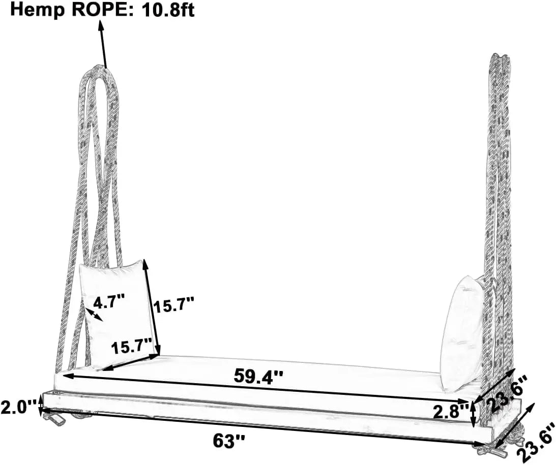 Acacia wood porch swing bench with cushion & pillows 63’ outdoor hanging for 2 adults rustic 10.8ft ropes white