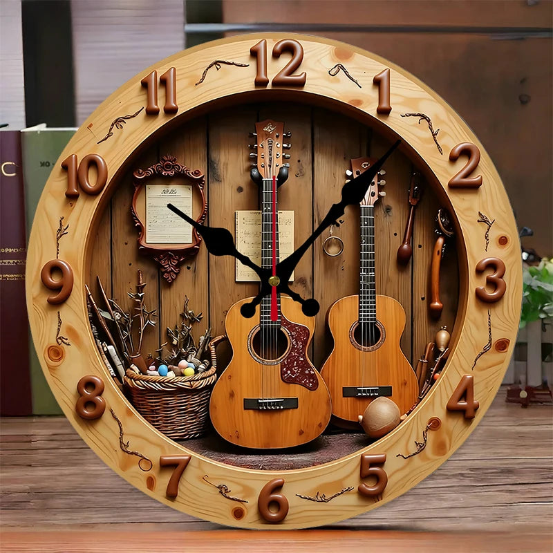 Guitar & music wooden round silent hanging wall clock suitable for living room office study bedroom home decoration