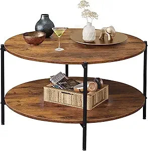 Two-tier circular wood coffee table with storage shelf 32.6 for living room and apartments - rustic brown / united