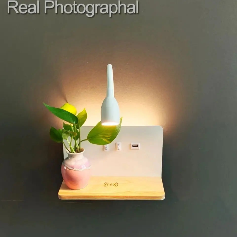 Minimalist wooden wireless charging wall lamp usb dual control switch led indoor bedside study room living light