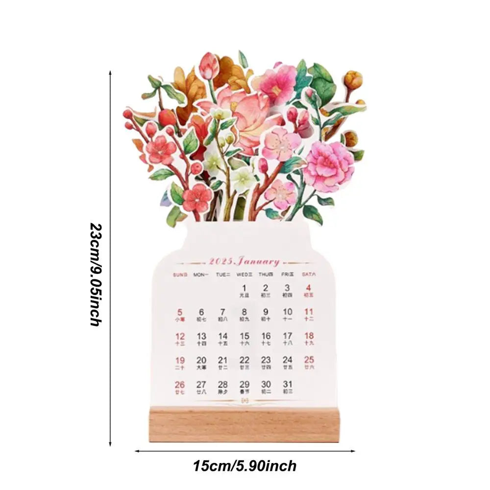 Bloomy flower desk calendar wooden frame creative mini decorative ornaments notebook supplies 2025 - b / spain