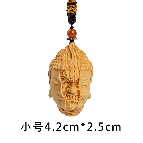 Hand carved wooden buddha demon head duality pendant charm keychain spiritual art figurine ornament car bag hanging