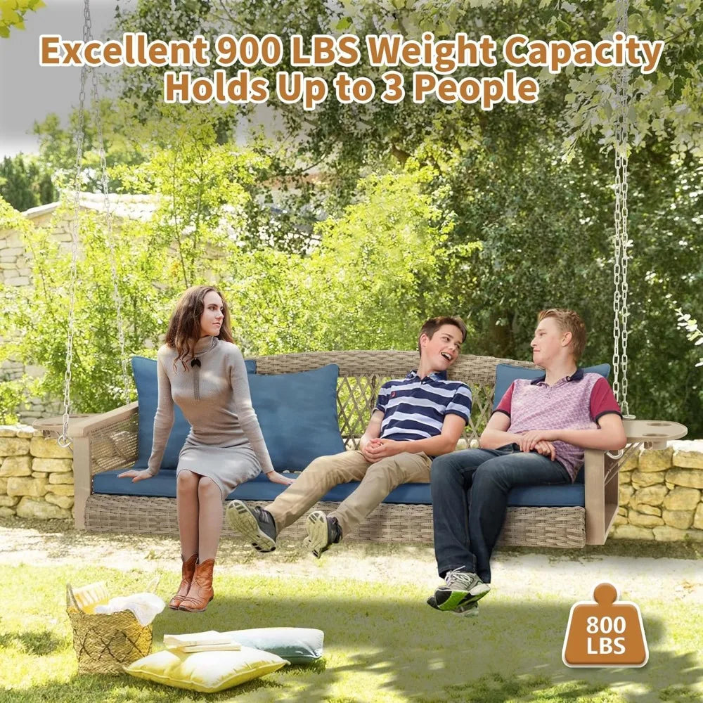 Homrest 3-person wicker porch swing with upgraded cup holder 55 inch patio hanging bench chair cushions 900lbs capac