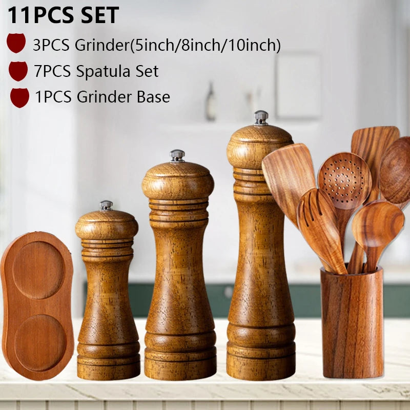 Wxcoo wood salt and pepper grinder cooking spice shakers mills grinding bottle with base kitchen accessories - 11pcs