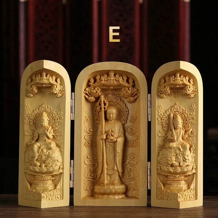 1pc exquisite boxwood carving guanyin buddha statue western sansheng wood crafts home decoration - e - religious