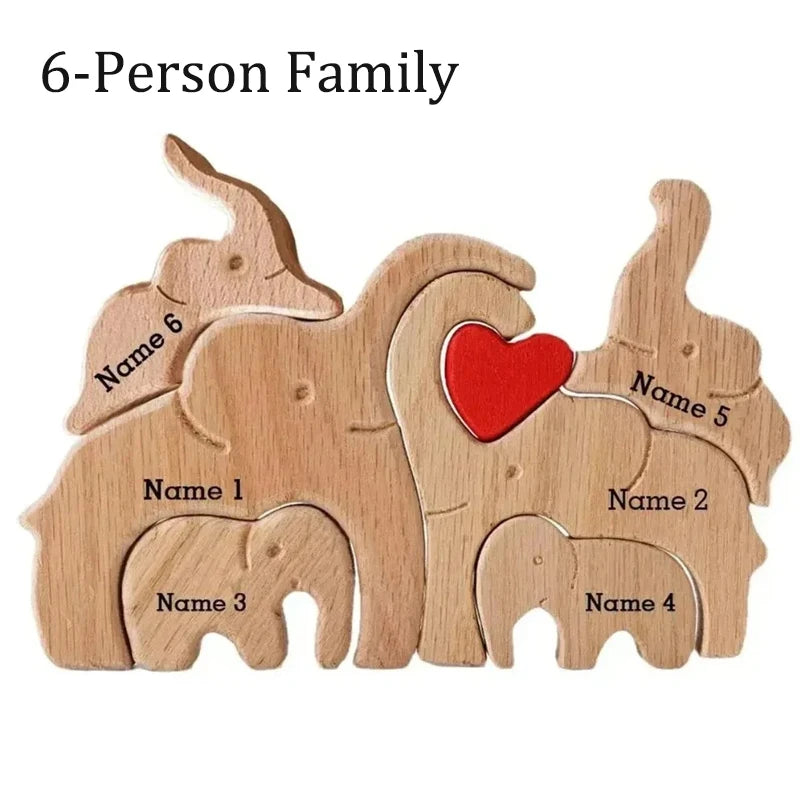 Personalized elephant family wooden puzzle love animal wood custom name sculpture free engraving decor gifts - 6pcs