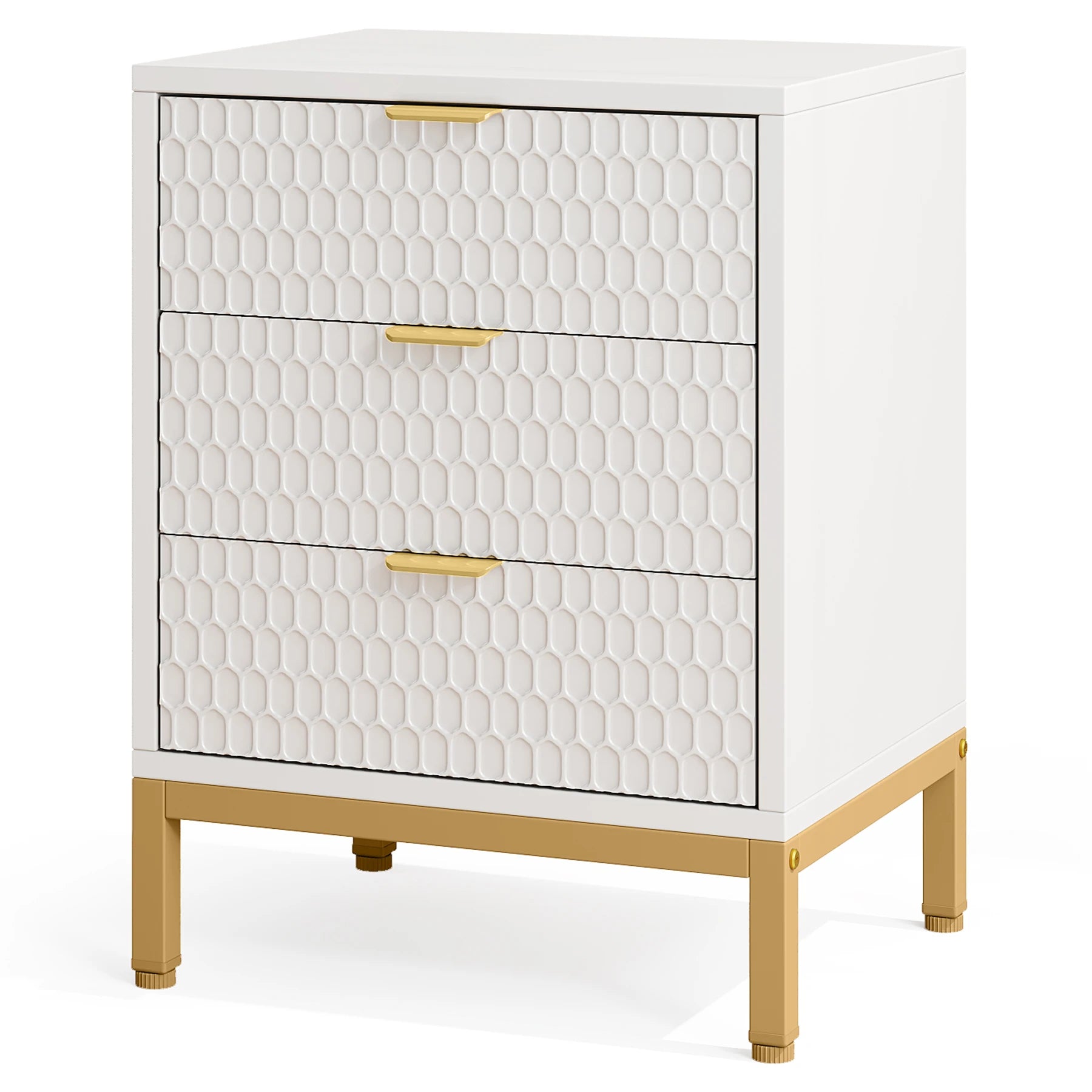 Tribesigns modern nightstand 65.5 cm tall bedside table with 3 drawers contemporary end side storage - white and gold