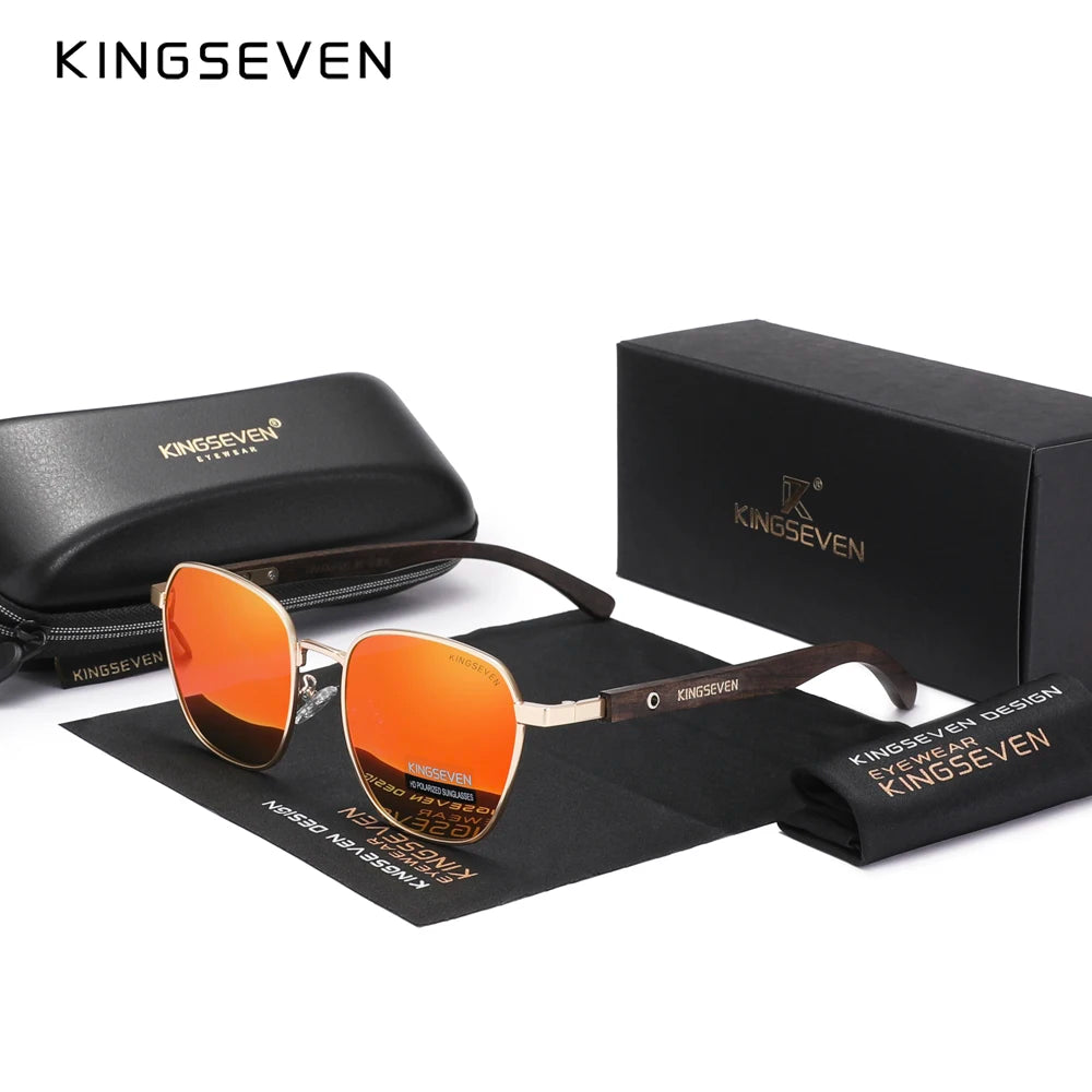 Kingseven quality upgrade ebony wood sunglasses men polarized uv400 protection retro eyewear women oculos - red