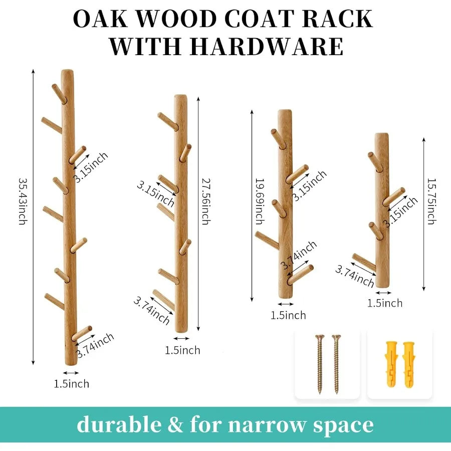 Oak wood coat rack wall mount hooks with 4 for clothes hats towel purse robes entryway bathroom mudroom bedroom 16ih