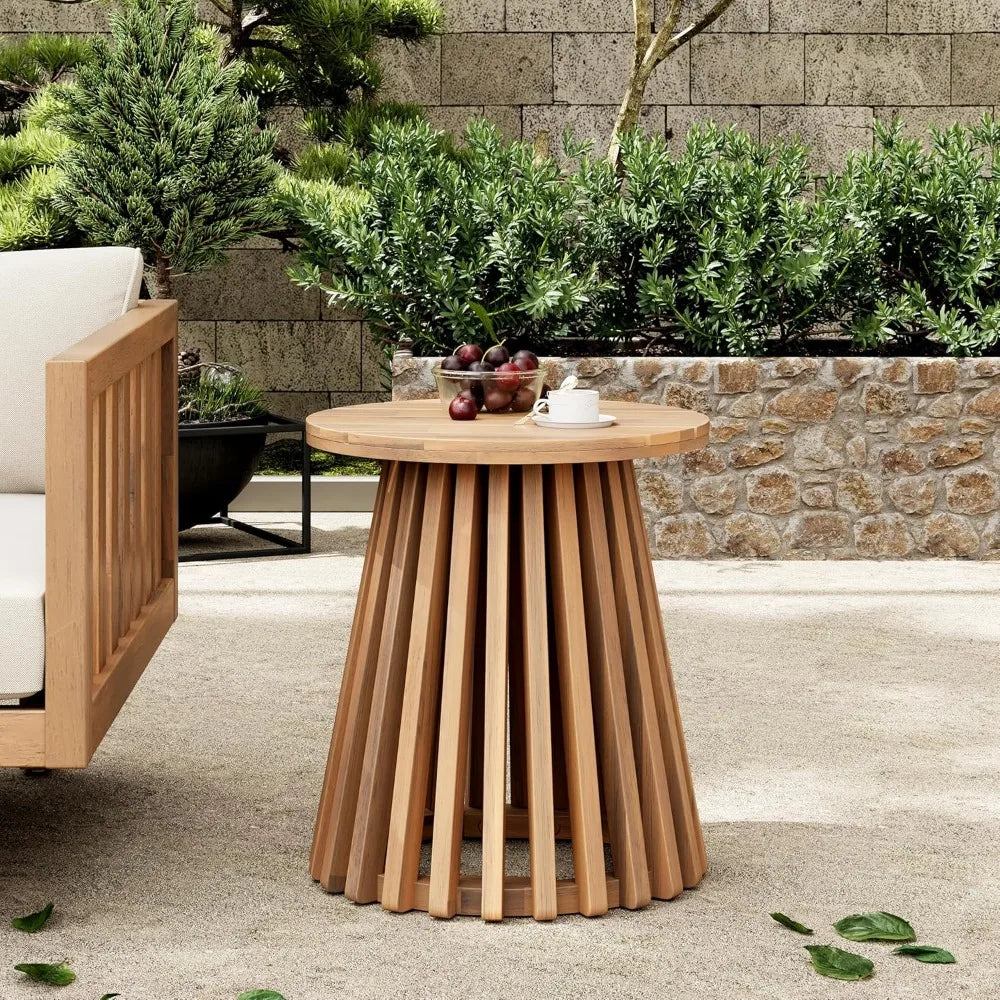 Acacia wood round patio coffee table with unique wooden base suitable for backyard and stylish indoor outdoor