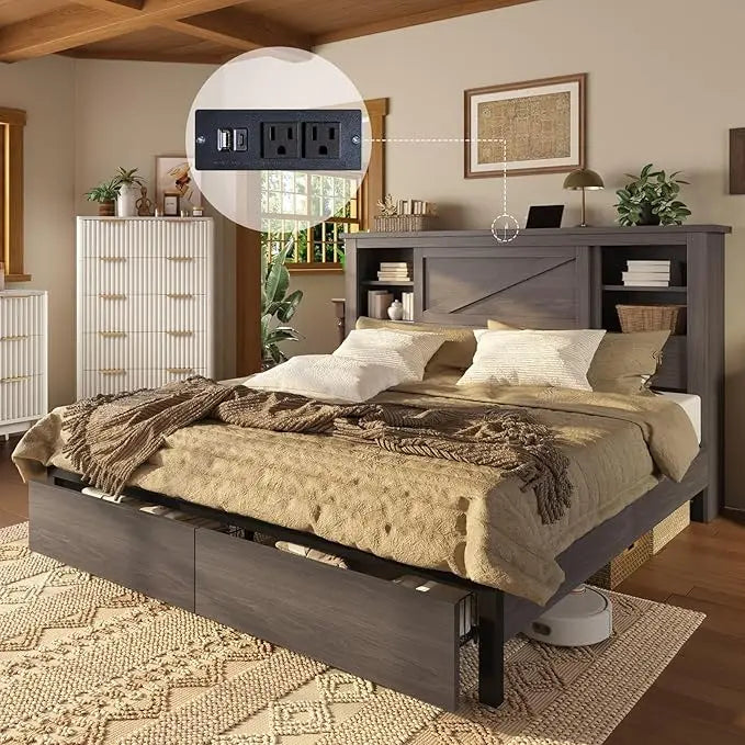 Amerlife 47.2’’ h queen bed frame with hidden space bookcase headboard and charging station beds 2 storage drawers wood