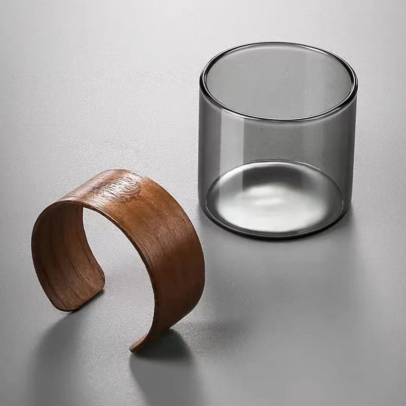 Japanese style 150ml heat-resistant glass tea cup with scald proof wooden holder kungfu set master household coffee mug